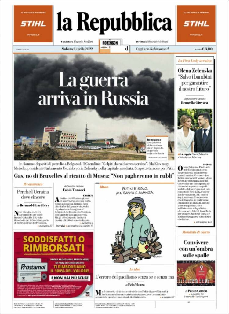 Portada de La Repubblica (Italia)