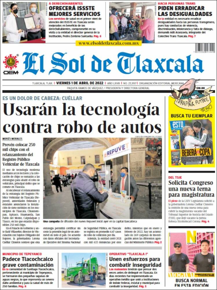 Portada de El Sol de Tlaxcala (M&eacute;xico)