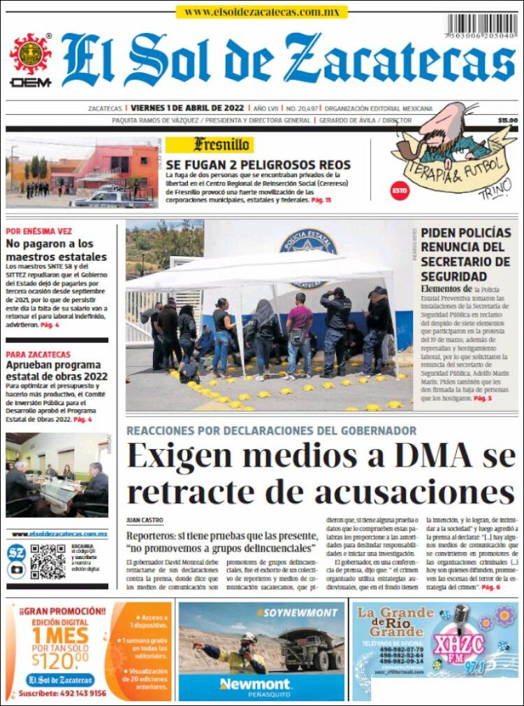 Portada de El Sol de Zacatecas (M&eacute;xico)