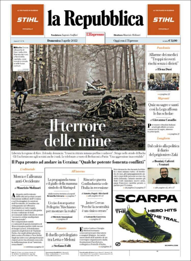 Portada de La Repubblica (Italia)