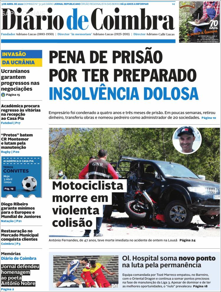 Portada de Diário de Coimbra (Portugal)