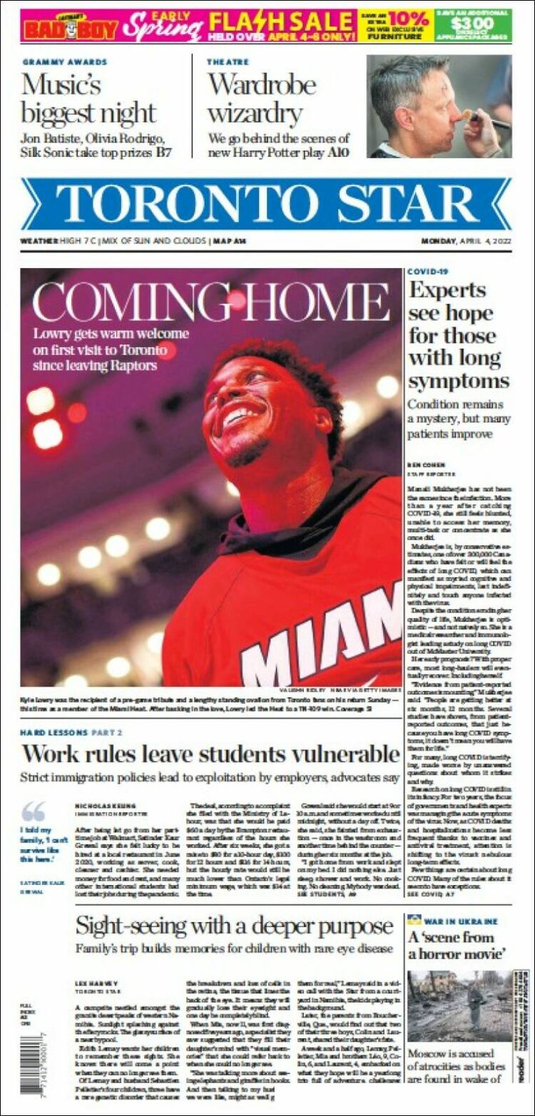 Portada de The Toronto Star (Canadá)