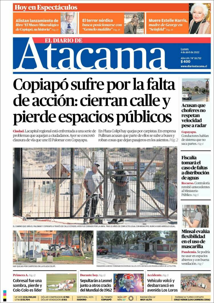Portada de Diario de Atacama (Chile)