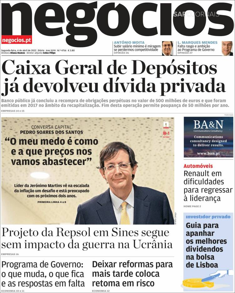 Portada de Jornal de Negócios (Portugal)