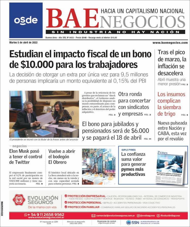 Portada de Buenos Aires Económico (Argentina)