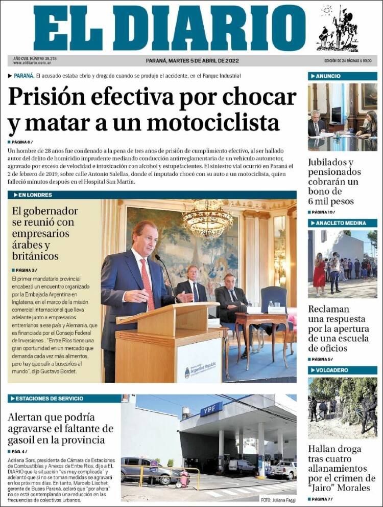 Portada de El Diario de Paraná (Argentina)