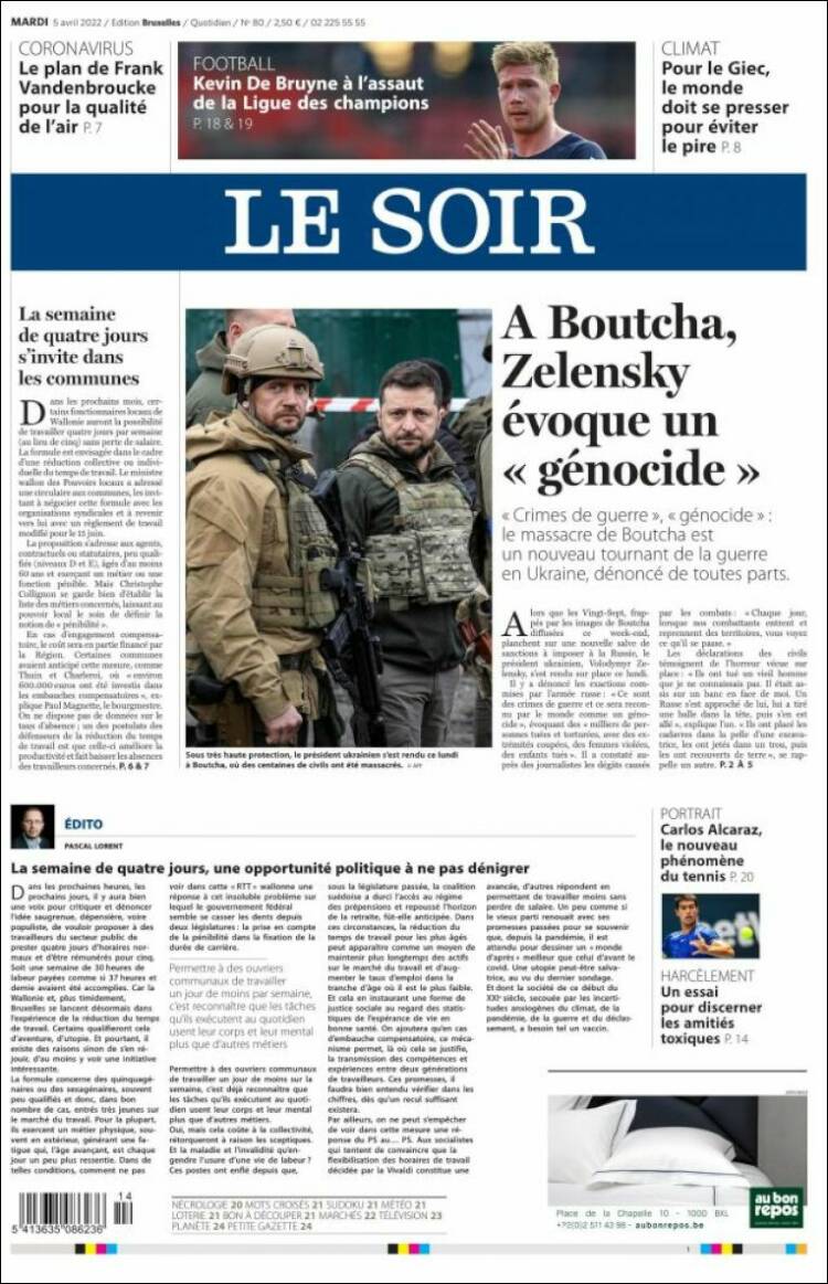 Portada de Le Soir (B&eacute;lgica)
