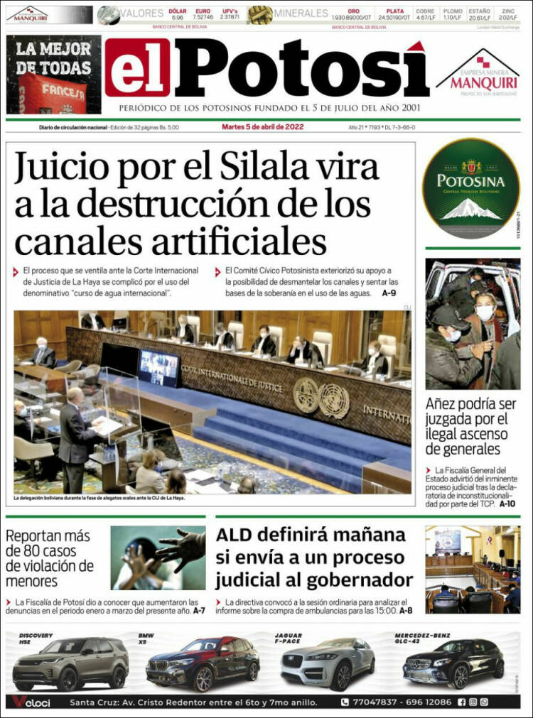 Portada de Diario de Potosí (Bolivia)