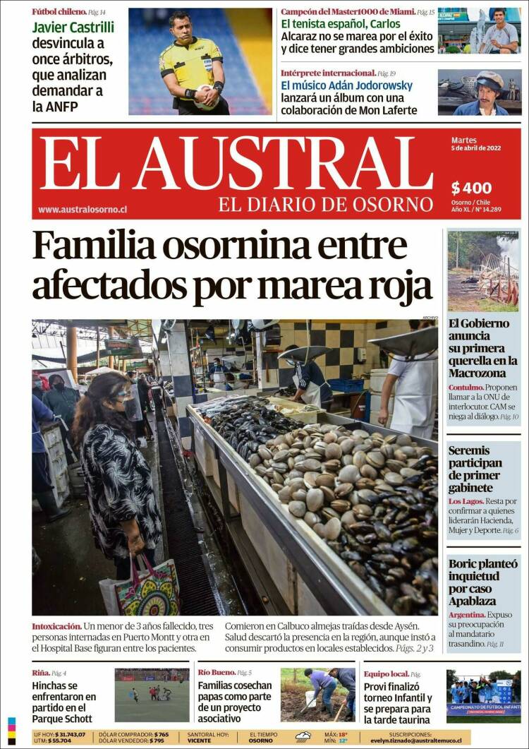 Portada de El Austral de Osorno (Chile)