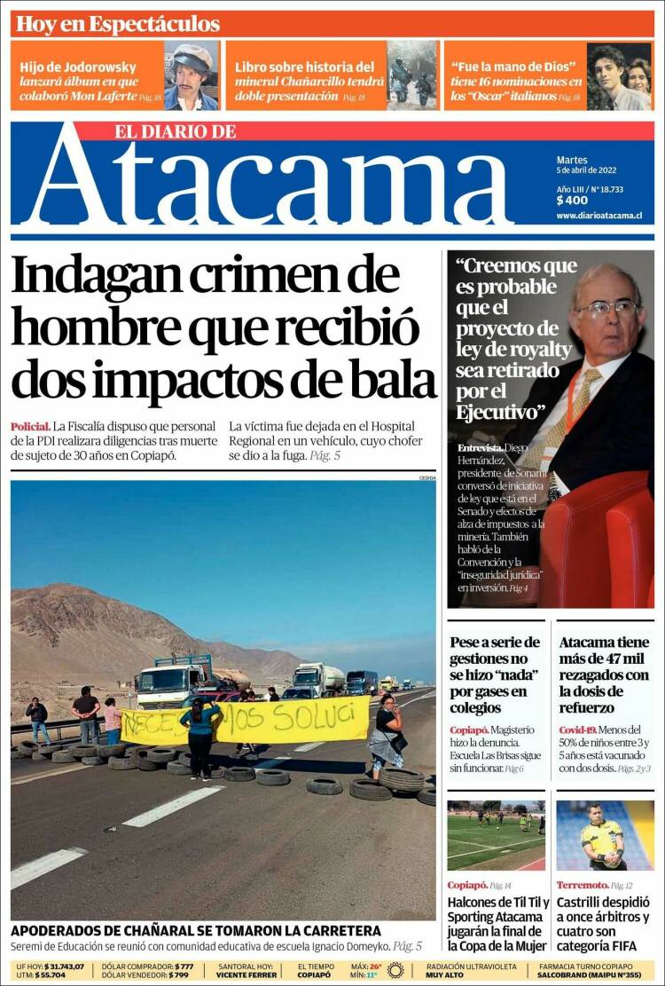 Portada de Diario de Atacama (Chile)