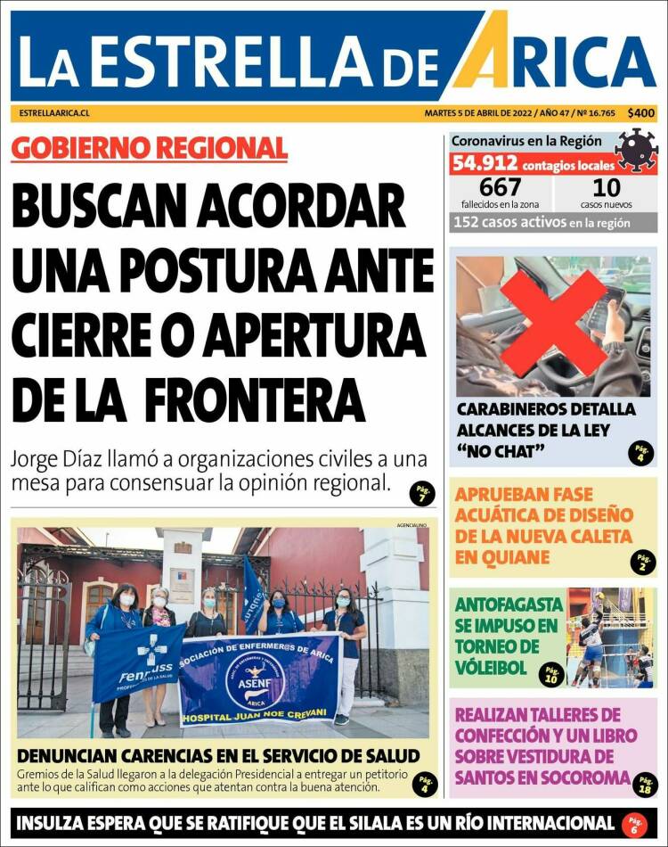 Portada de La Estrella de Arica (Chile)