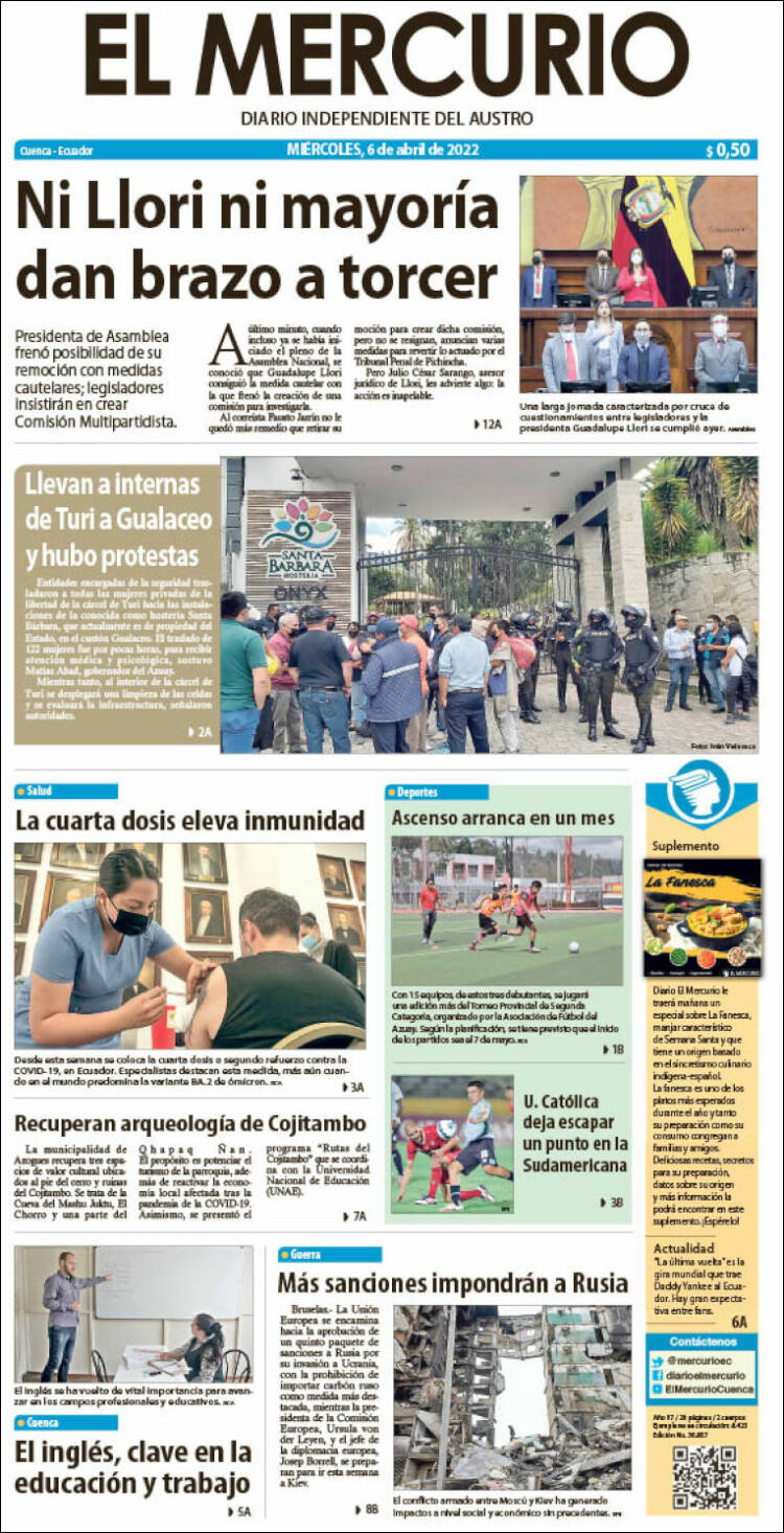 Portada de Diario El Mercurio (Ecuador)