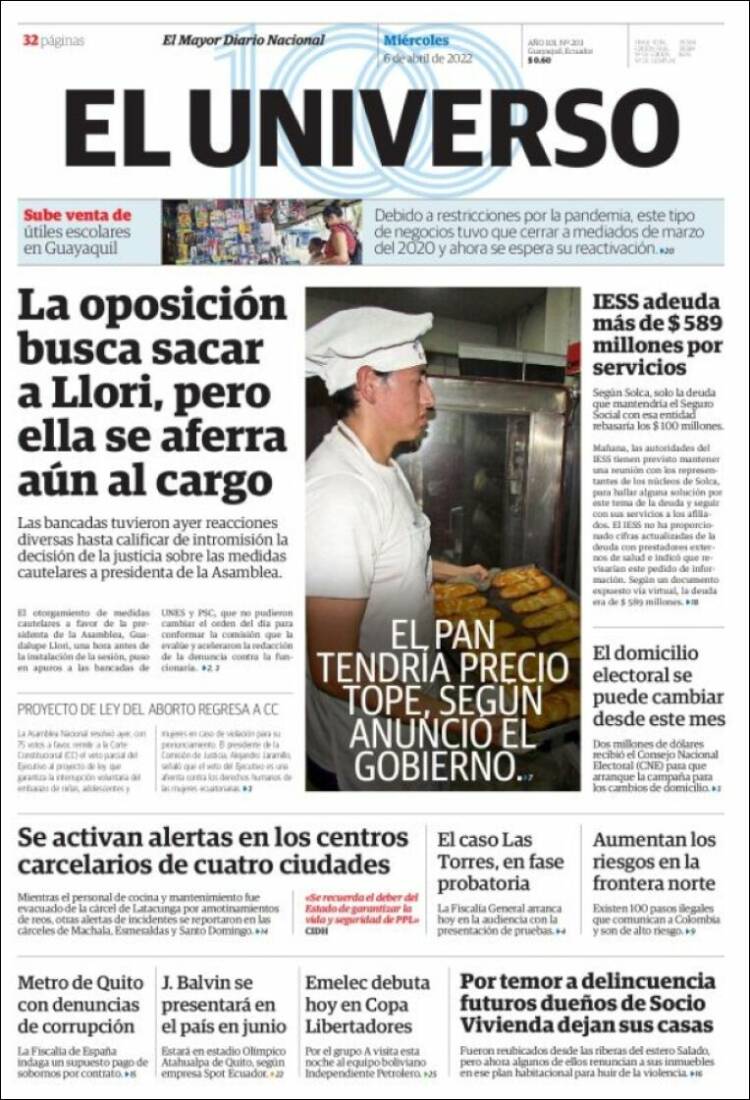 Portada de El Universo - Ecuador (Ecuador)