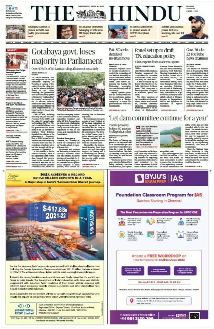 Portada de The Hindu (India)