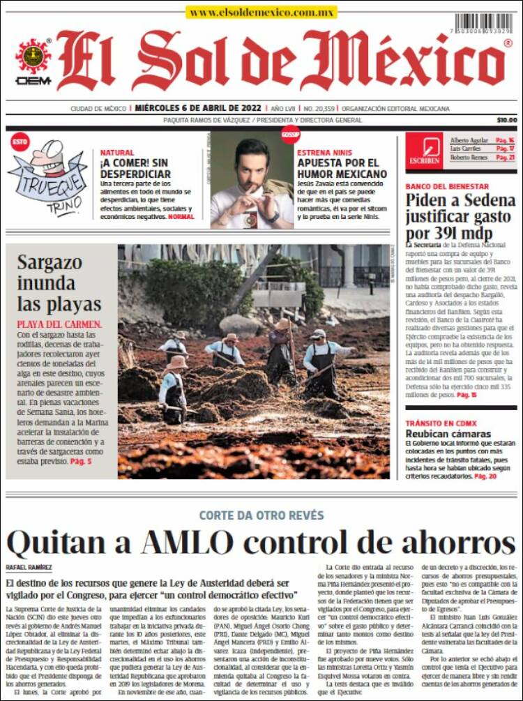 Portada de El Sol de México (M&eacute;xico)