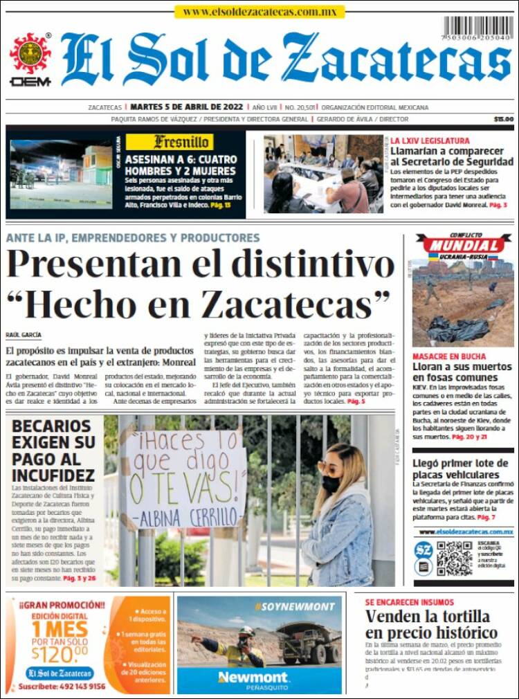 Portada de El Sol de Zacatecas (M&eacute;xico)