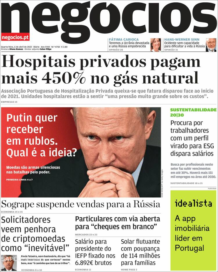 Portada de Jornal de Negócios (Portugal)