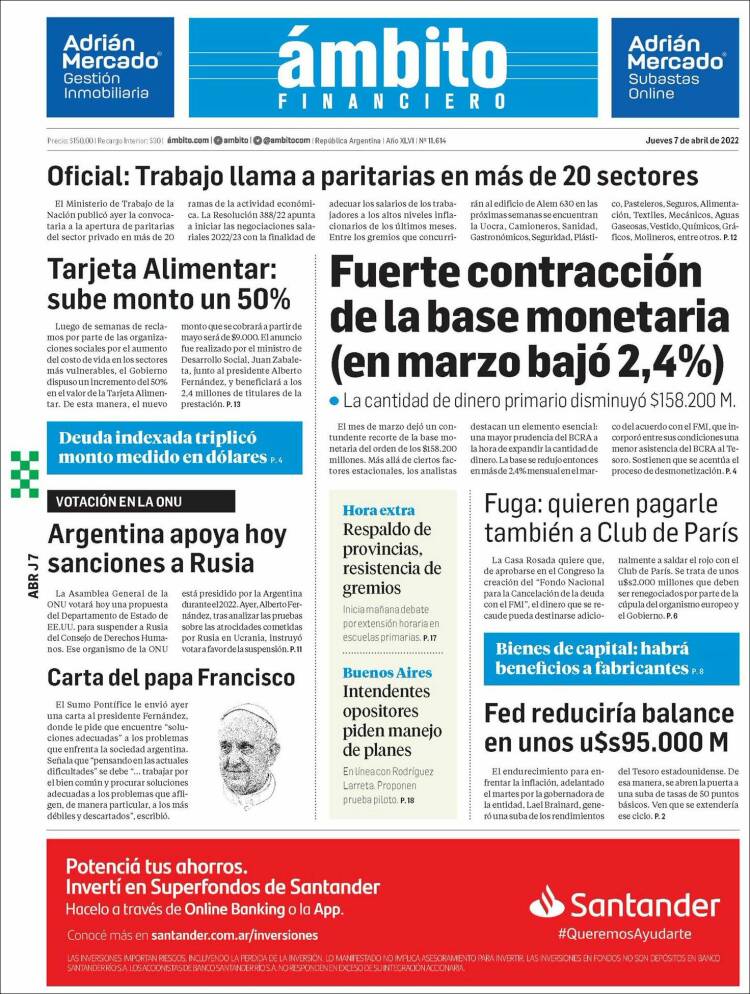 Portada de Diario Ambito Financiero (Argentina)