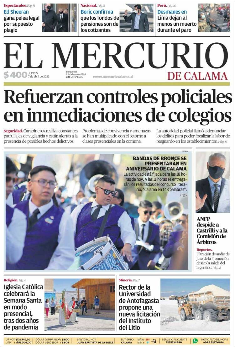 Portada de El Mercurio - Calama (Chile)