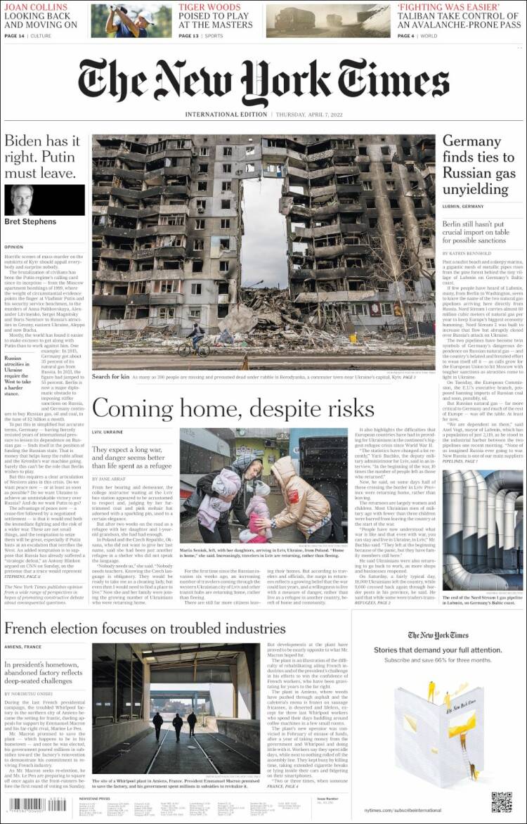 Portada de International New York Times (Europa)