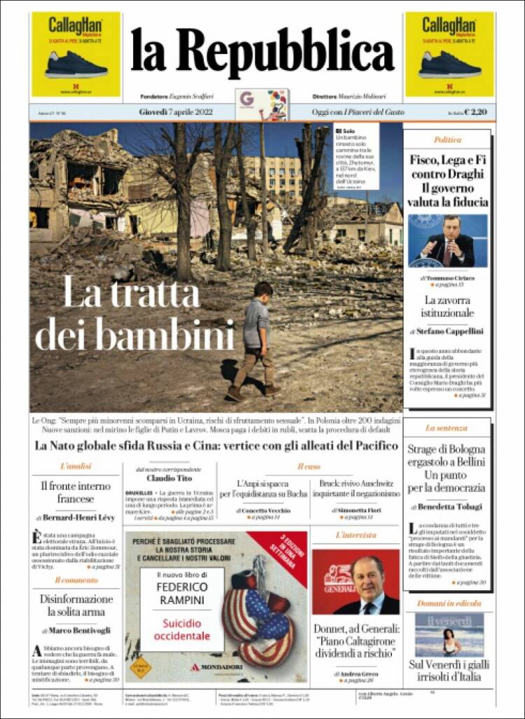 Portada de La Repubblica (Italia)