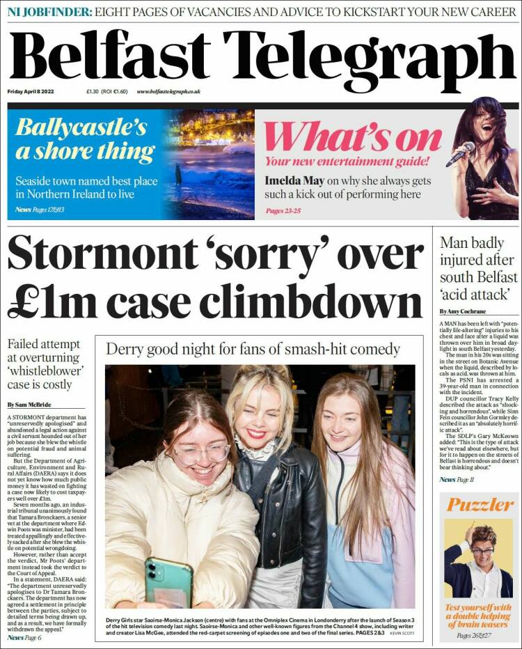 Portada de Belfast Telegraph (Reino Unido)