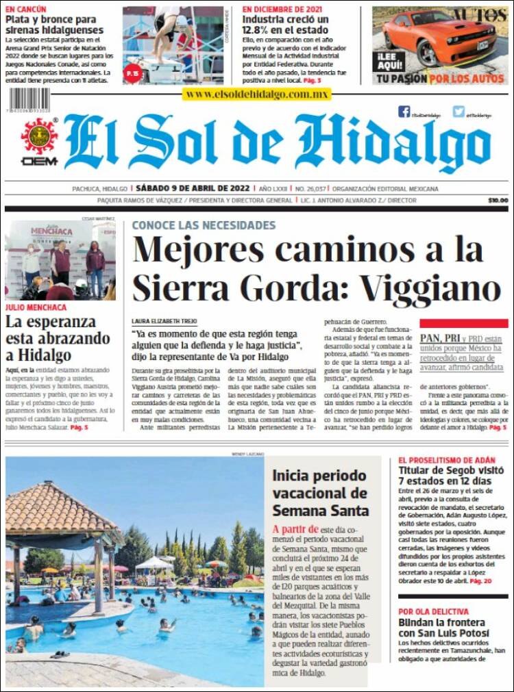 Portada de El Sol de Hidalgo (M&eacute;xico)