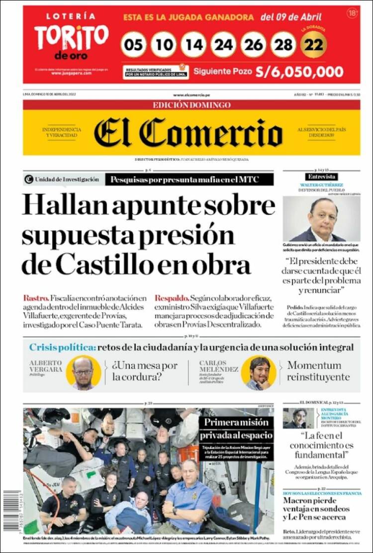 Portada de El Comercio (Perú)