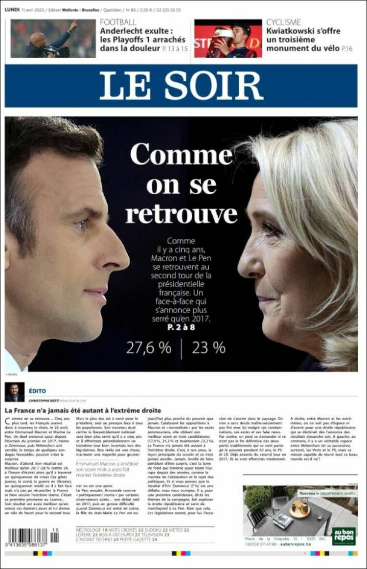 Portada de Le Soir (B&eacute;lgica)