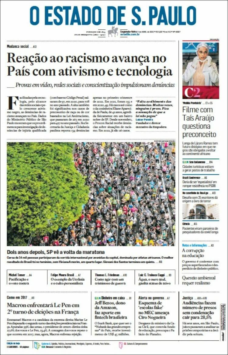Portada de O Estado de São Paulo (Brasil)