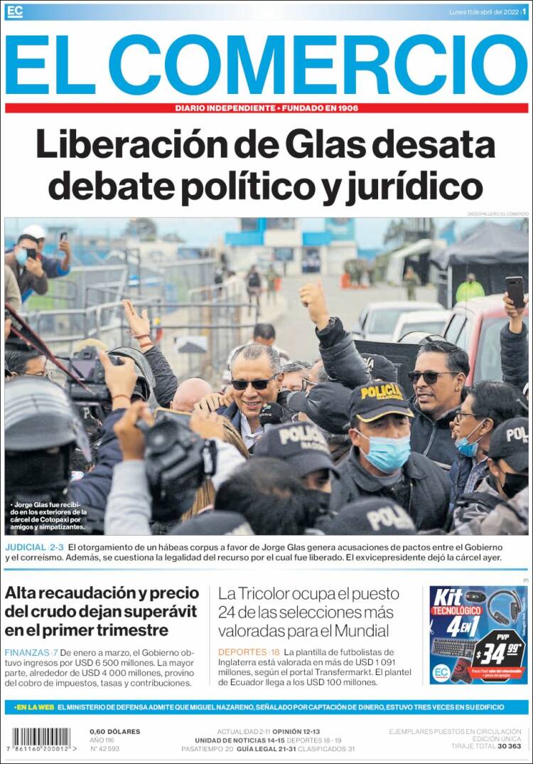 Portada de El Comercio (Ecuador)