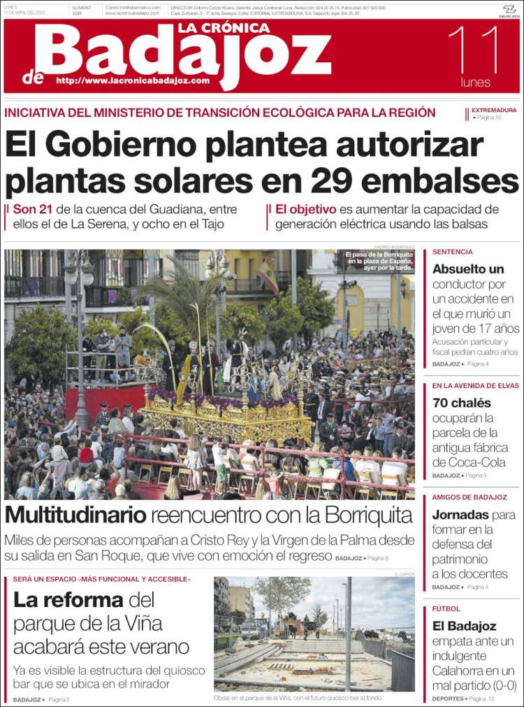 Portada de La Crónica de Badajoz (España)