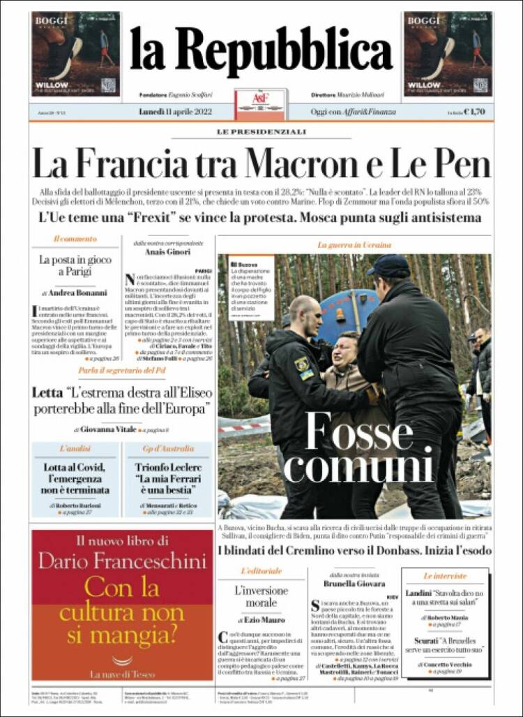 Portada de La Repubblica (Italia)
