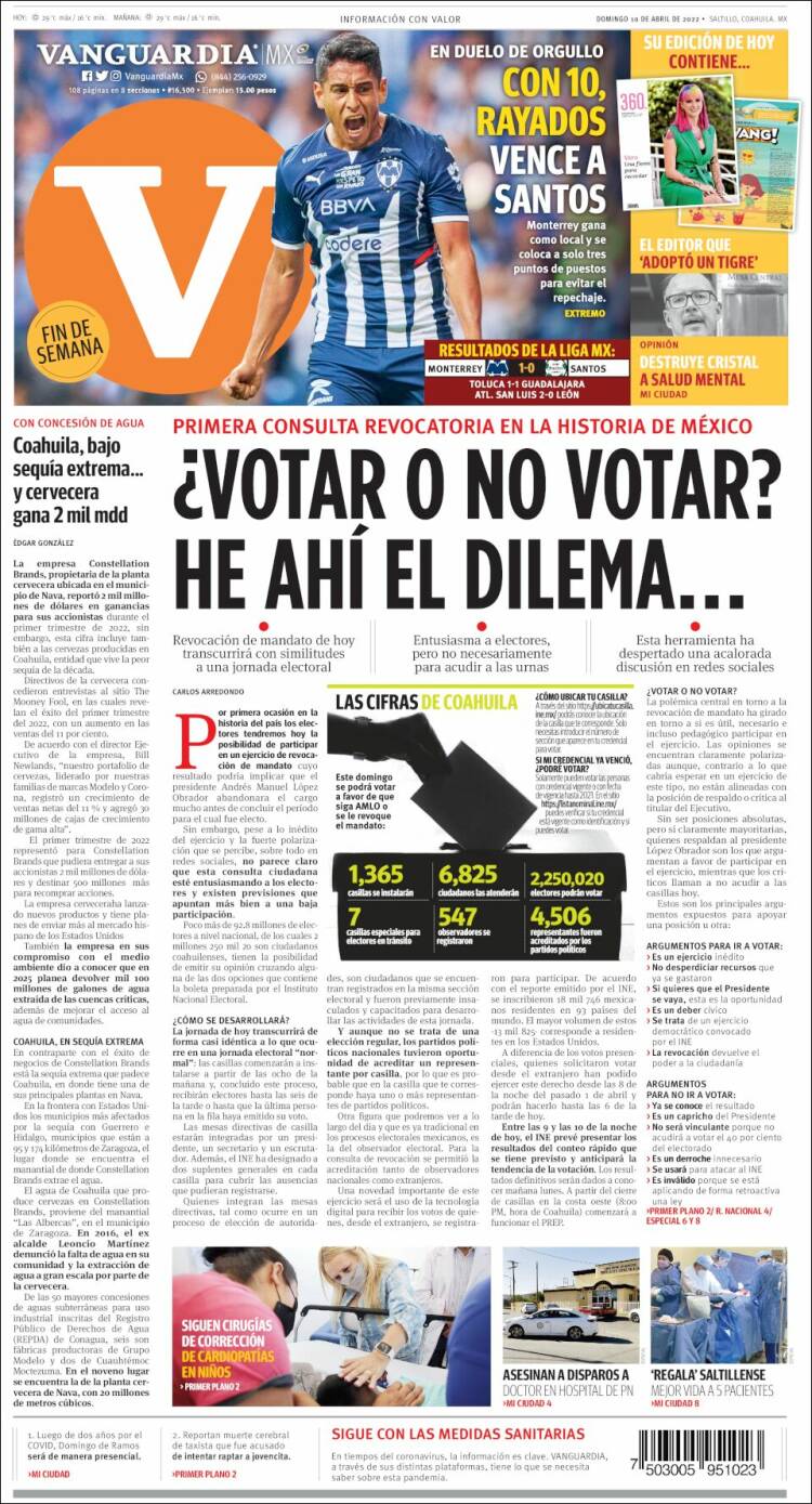 Portada de Vanguardia (M&eacute;xico)