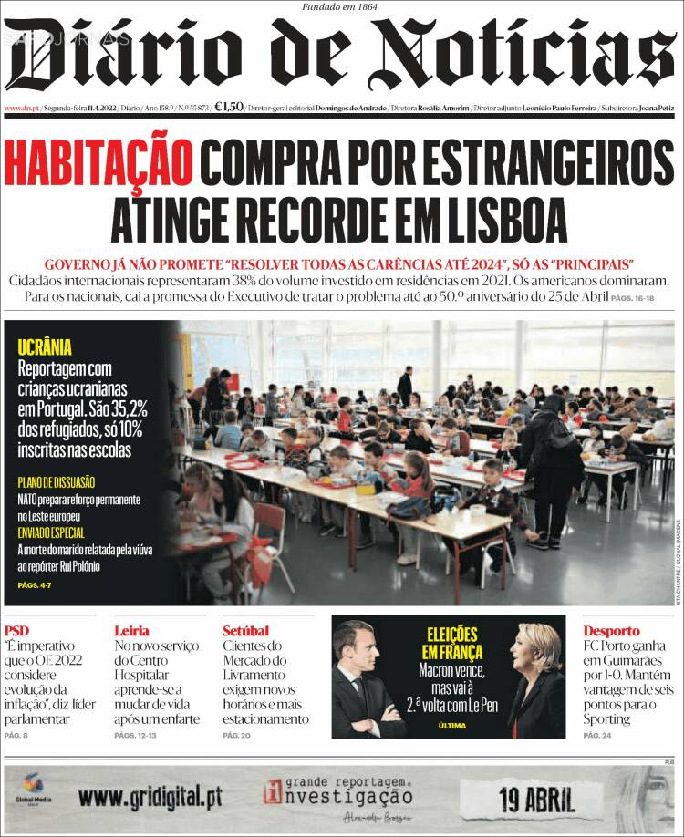 Portada de Diário de Noticias (Portugal)
