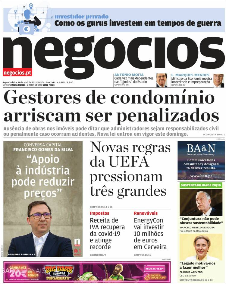 Portada de Jornal de Negócios (Portugal)