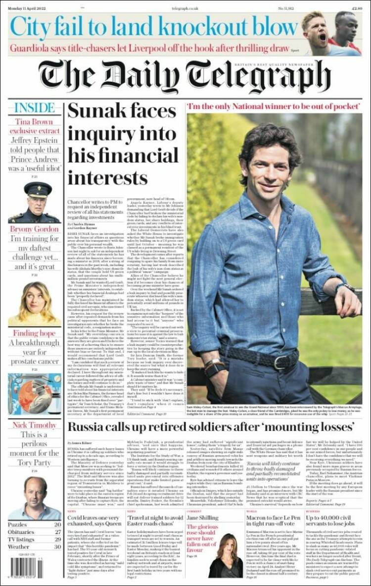 Portada de Daily Telegraph (Reino Unido)