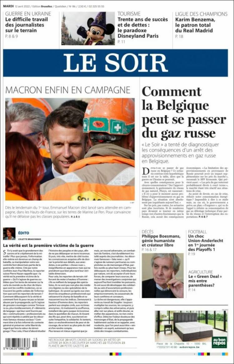Portada de Le Soir (B&eacute;lgica)