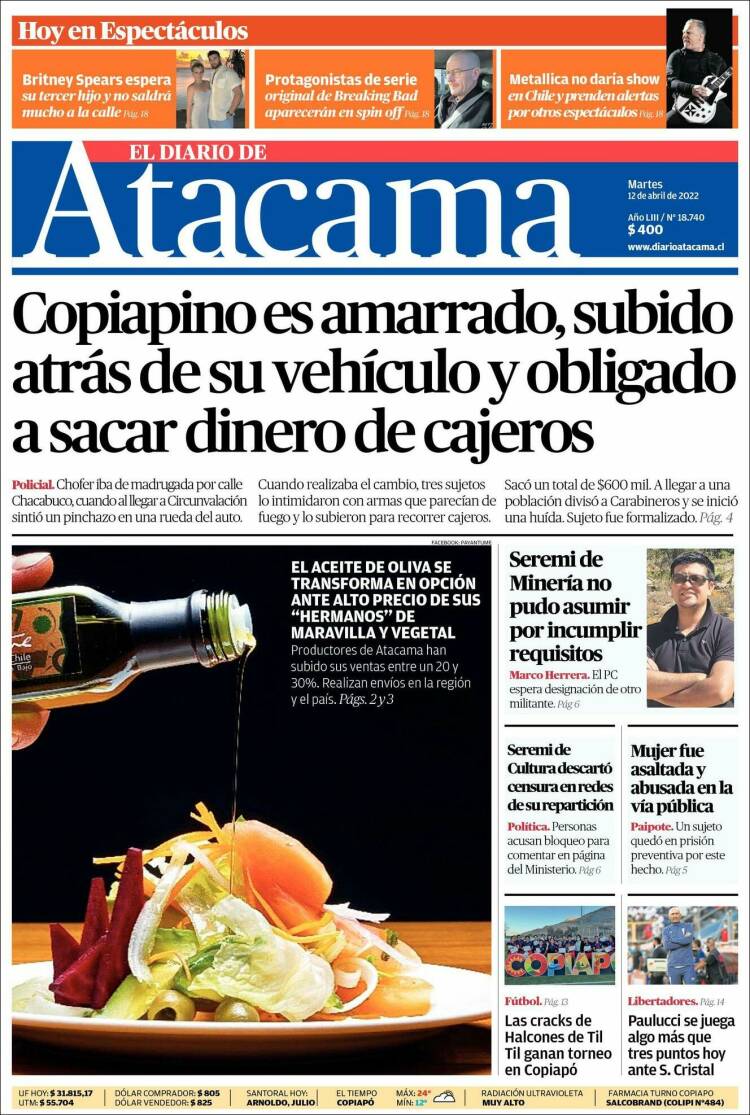Portada de Diario de Atacama (Chile)