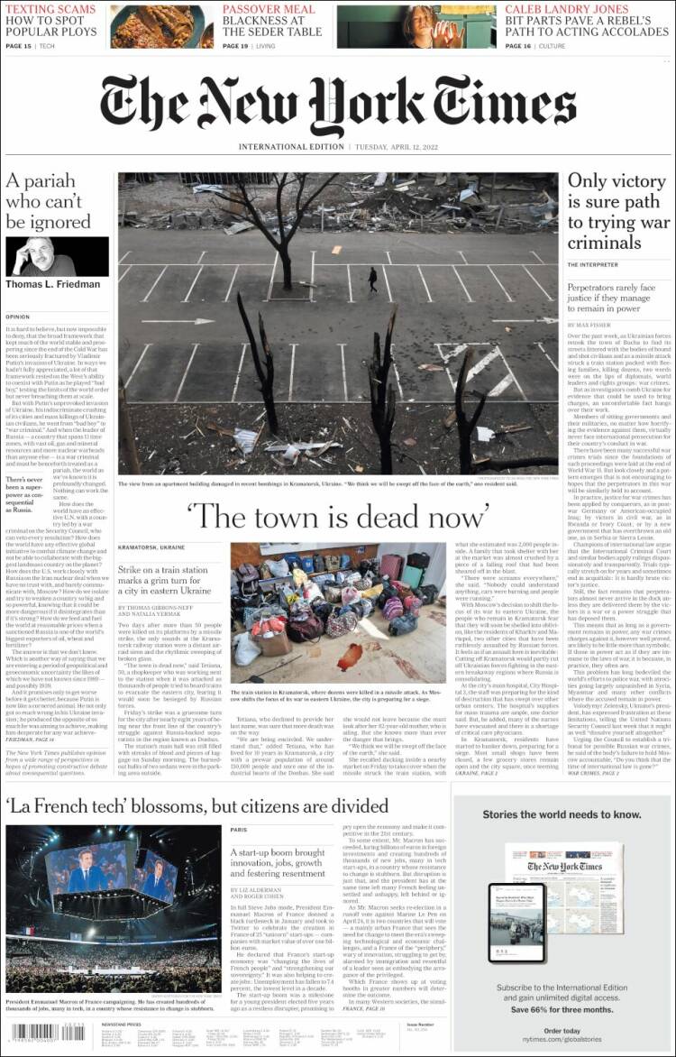 Portada de International New York Times (Europa)