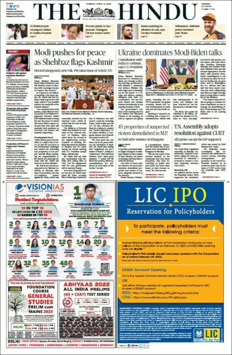 Portada de The Hindu (India)