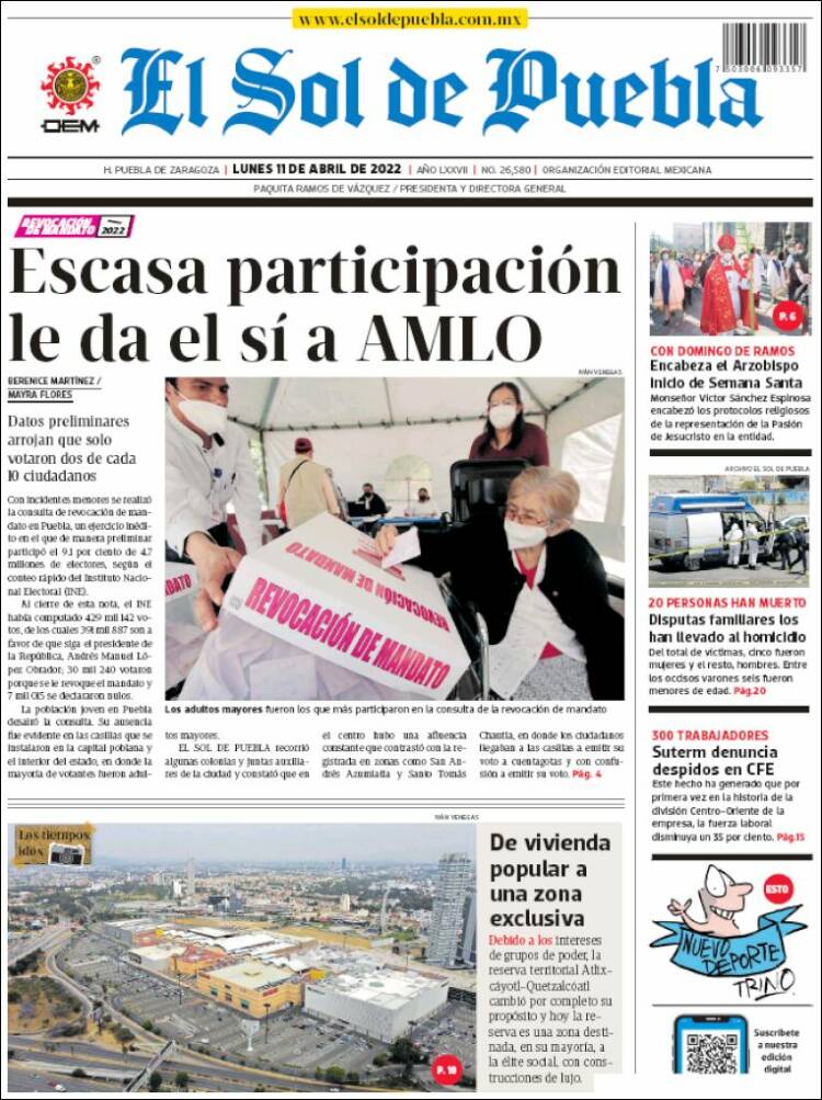 Portada de El Sol de Puebla (M&eacute;xico)