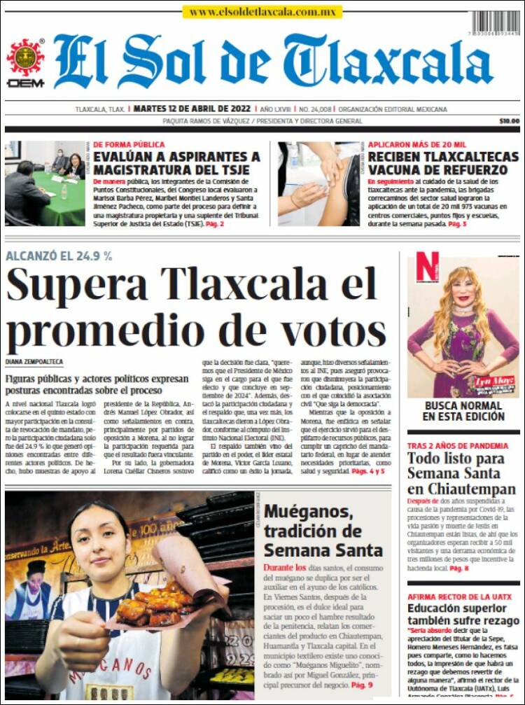 Portada de El Sol de Tlaxcala (M&eacute;xico)