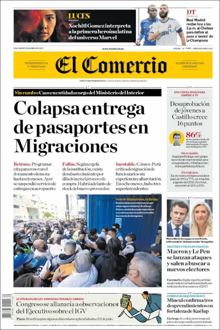 Portada de El Comercio (Per&uacute;)