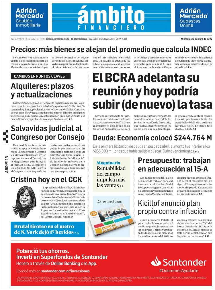 Portada de Diario Ambito Financiero (Argentina)