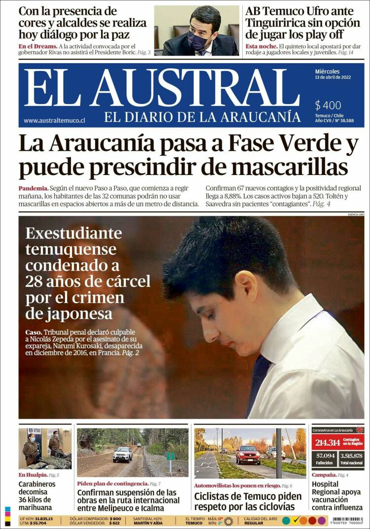Portada de El Austral de Temuco (Chile)