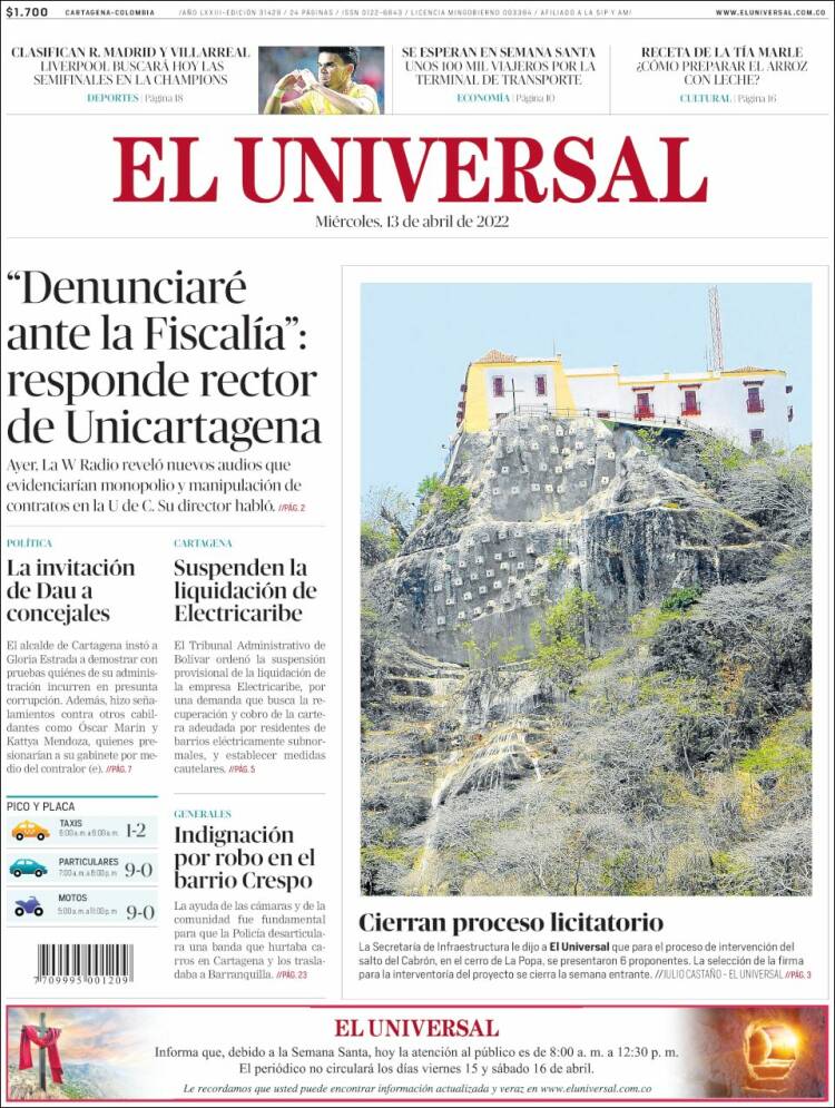 Portada de El Universal (Colombia)