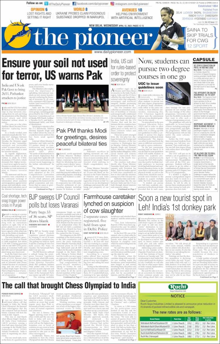 Portada de The Pioneer (India)