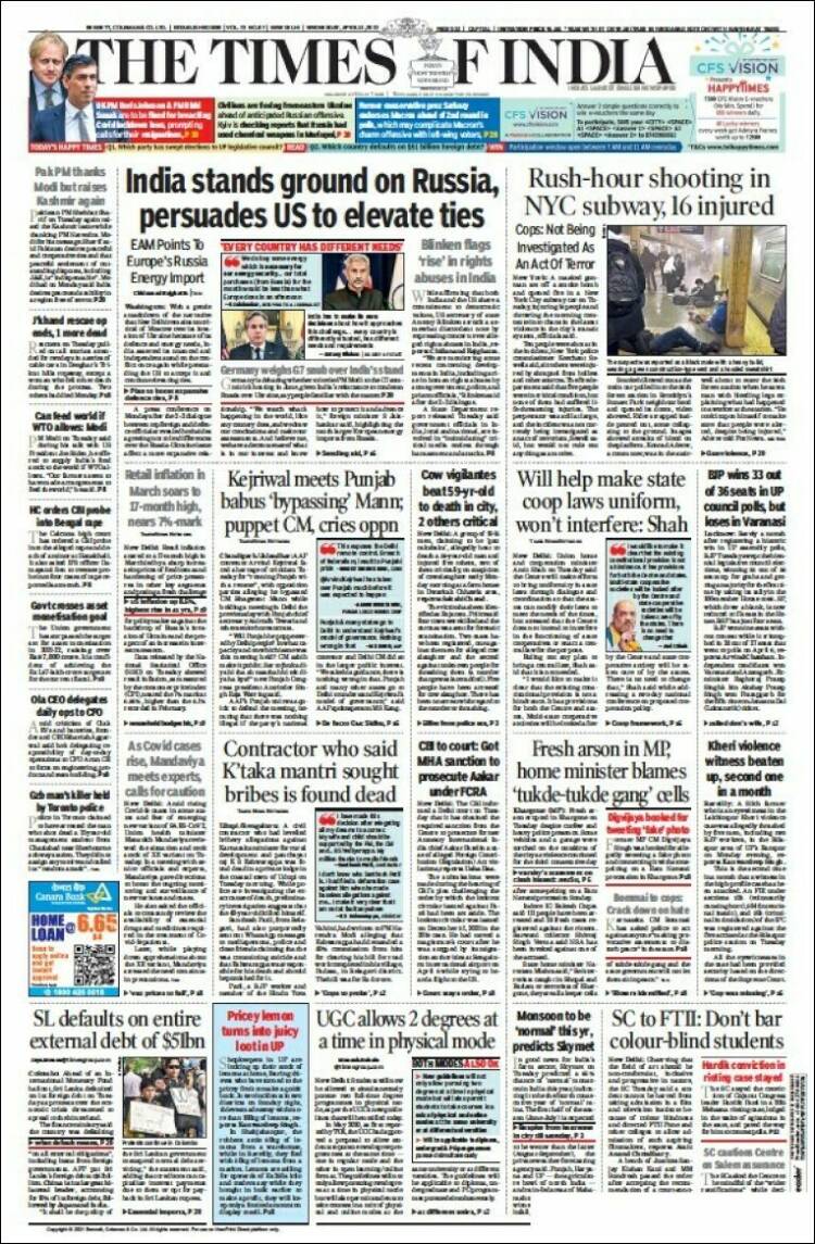 Portada de The Times of India (India)