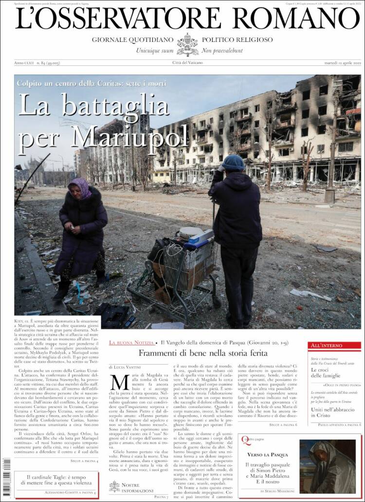 Portada de L'Osservatore Romano (Italia)